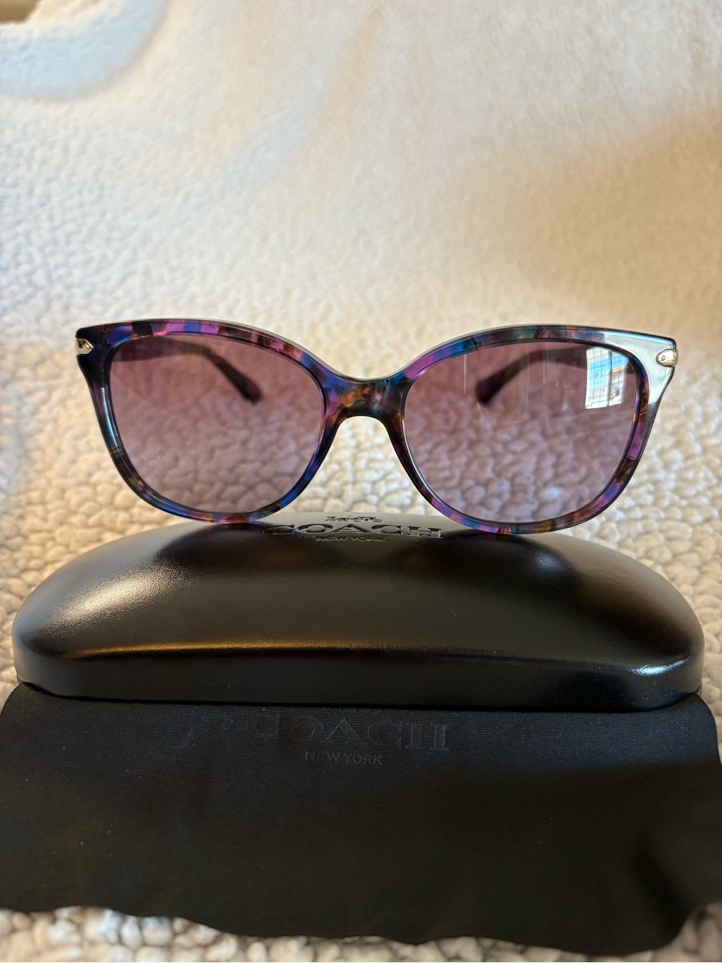 Coach Black Embossed Hard Sunglasses Case And Purple Confetti Sunglasses.